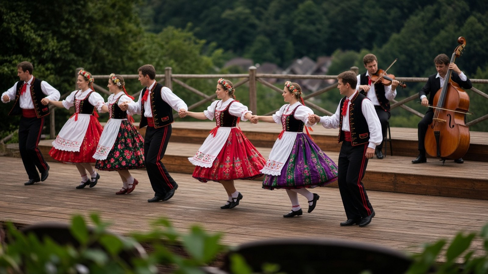 Tanečníci folklórneho súboru v pestrých krojoch na drevenom pódiu v prírodnom amfiteátri, v pozadí muzika s husľami a basou